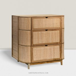 teak and rattan chest of drawer