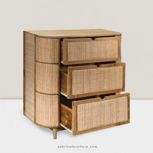 teak and rattan chest of drawer