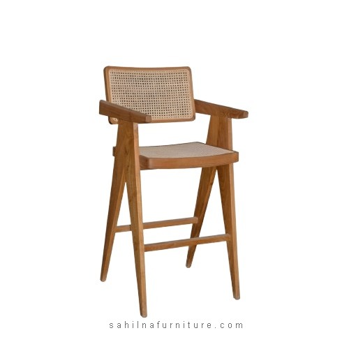 teak & rattan bar stool with armrest
