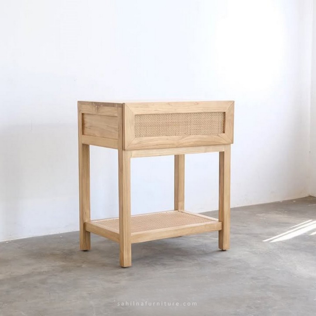 teak and rattan bedside table
